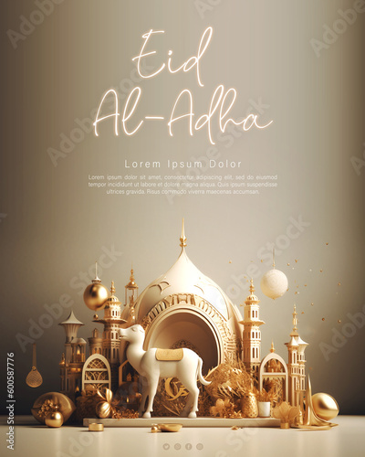 Eid Al Adha Poster Concept with Goat and Mosque Background. AI Generative Image