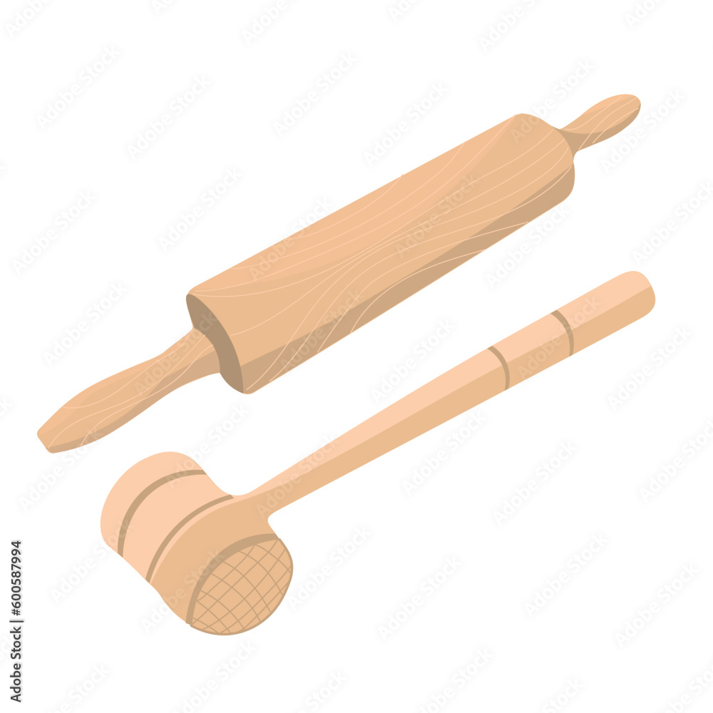 Wooden rolling pin and meat hammer on white background Wooden rolling pin and meat hammer on white background