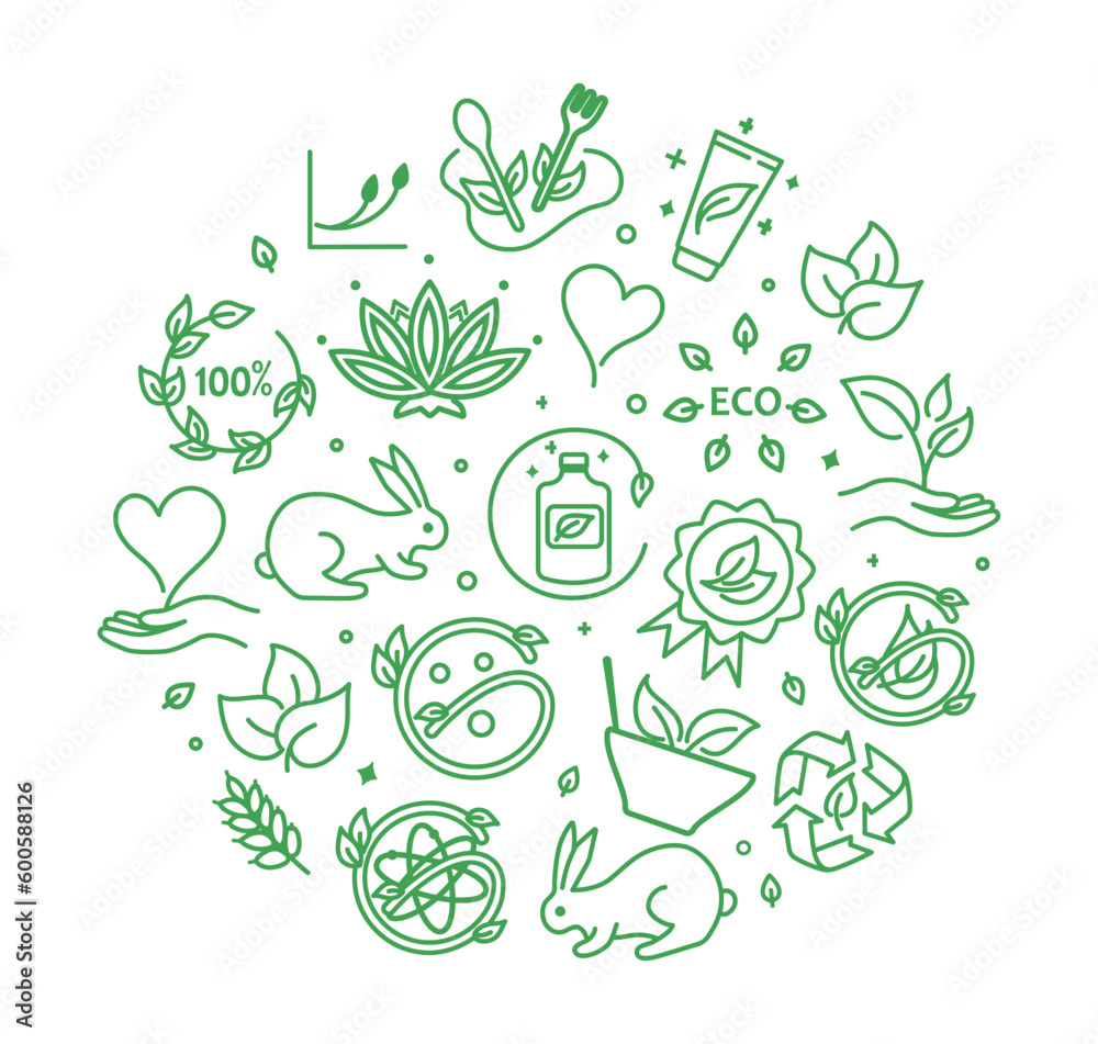 Eco icons composition. Caring for nature and environment, no animal testing. Motivational poster or banner for website. Natural and organic products, cosmetics. Cartoon flat vector illustration - obrazy, fototapety, plakaty 