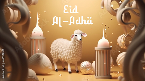 Eid Al Adha Poster Concept with Goat and Mosque Background. AI Generative Image photo