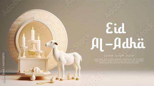 Eid Al Adha Poster Concept with Goat and Mosque Background. AI Generative Image