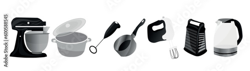 Set of kitchen accessories on white background