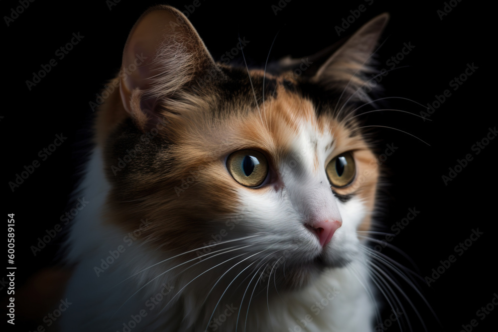 Generative AI. Portrait of a calico cat . Calico cats are domestic cats with a spotted or particolored coat that is predominantly white, with patches of two other colors