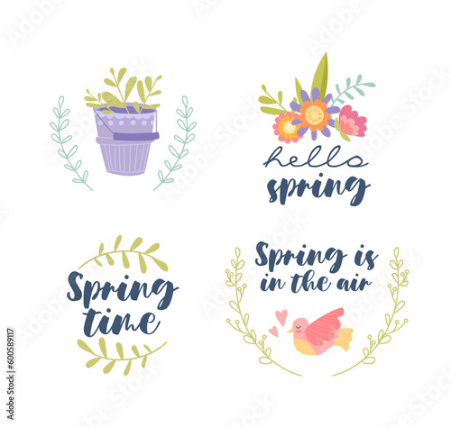 Spring elements set. Collection of graphic elements for website. Frames with text and flowers. Design elements for greeting card. Cartoon flat vector illustrations isolated on white background
