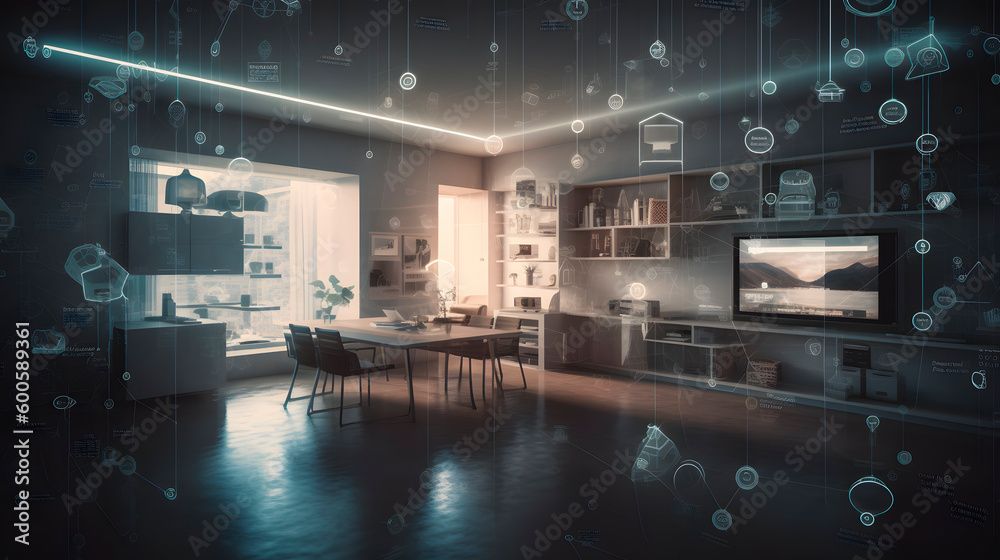An image of a smart home, featuring various connected devices and appliances AI. Generative AI