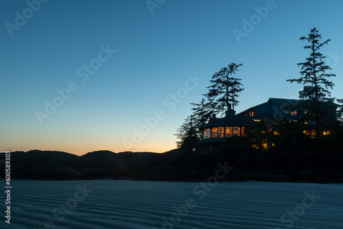 Chesterman Beach at night with western red cedar trees, Tofino, Vancouver island, British Columbia, Canada. photo