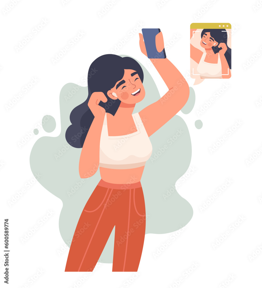 Woman with smartphone. Young girl takes photo and records video. Popular blogger and famous personality creates interesting content for social networks. Cartoon flat vector illustration