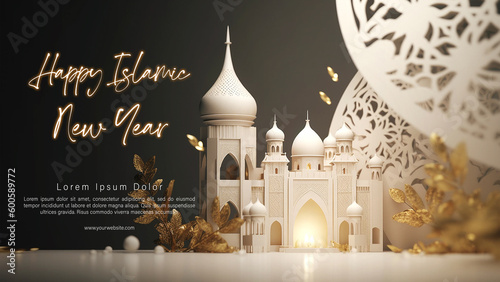 Happy Islamic New Year Poster Design. Happy Muharram Template. Ashura Day. AI Generative Image