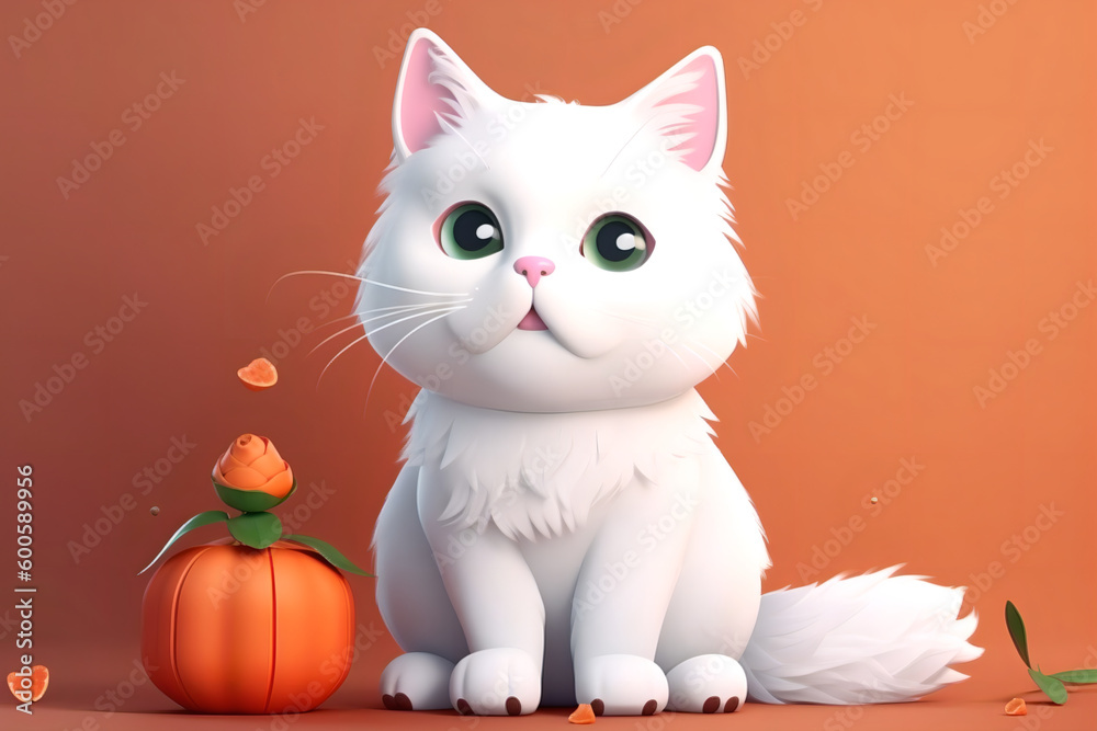 Fototapeta premium Cute Small White Cat On The Solid Beautiful Background. Generative AI.