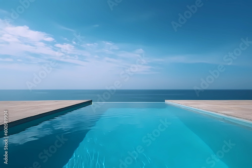 open space private pool and blue ocean background AI Generated