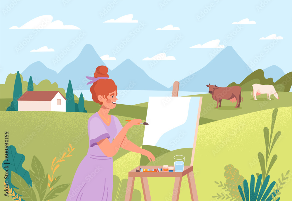 Painting nature outdoor. Woman with brush and paints standing near canvas. Female artist draws beautiful natural panorama and landscape. Creativity and art. Cartoon flat vector illustration