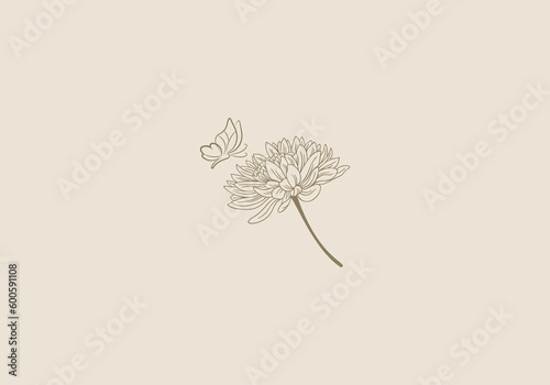 Logo Line Flower and Butterfly. Aesthetic and feminine, simple line and luxury modern. editable color.