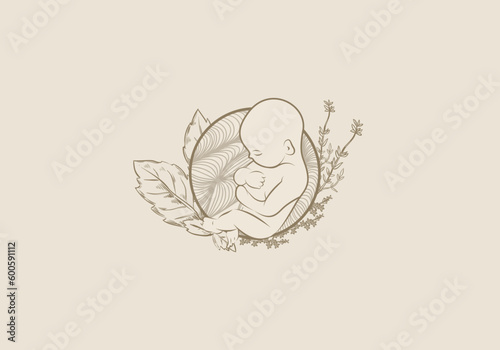 Logo Line Baby Fetus and Botanical. Aesthetic and feminine, simple line and luxury modern. editable color.