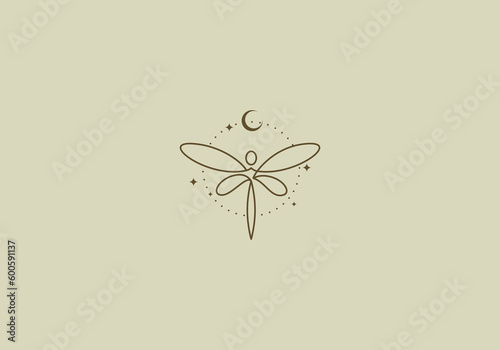 Logo Line Dragonfly and Moon. Aesthetic and feminine, simple line and luxury modern. editable color.
