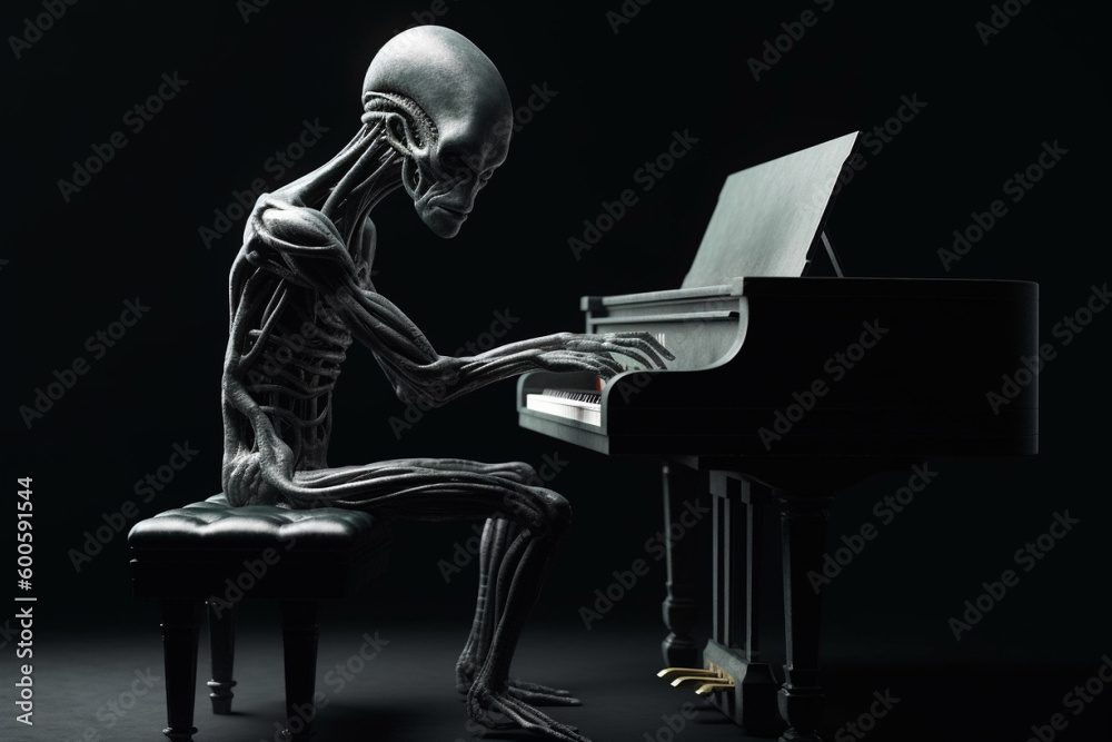 Fototapeta premium Ugly and scary looking extraterrestrial alien playing a piano. Ai generated
