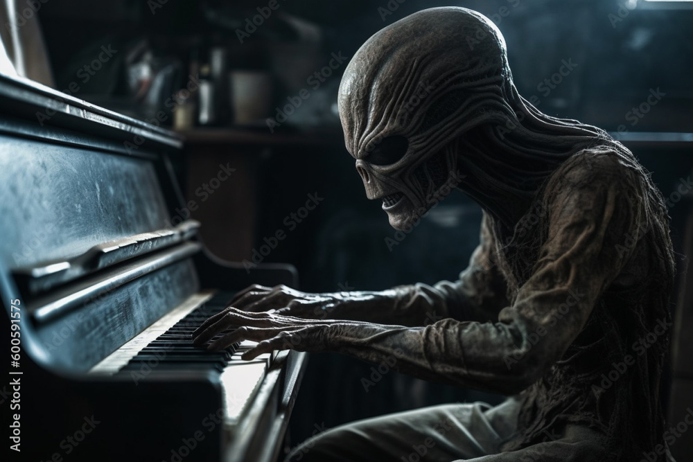 Ugly and scary looking extraterrestrial alien playing a piano. Ai generated