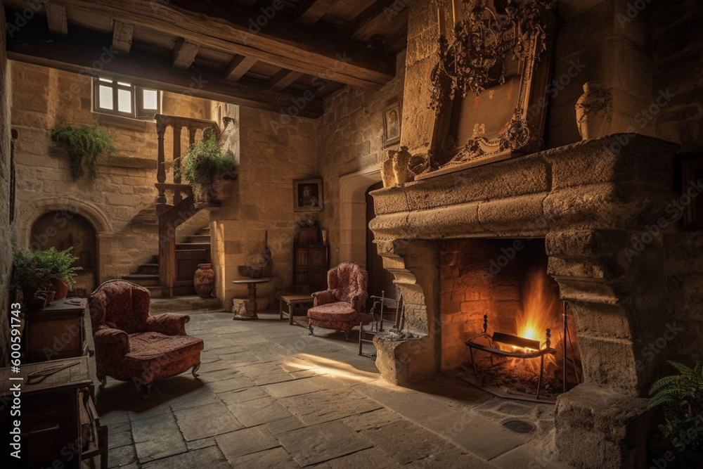 Cozy fireplace in a room in a medieval gothic castle. Ai generated Cozy fireplace in a room in a medieval gothic castle. Ai generated
