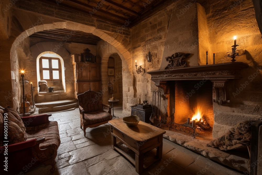 Cozy fireplace in a room in a medieval gothic castle. Ai generated Cozy fireplace in a room in a medieval gothic castle. Ai generated