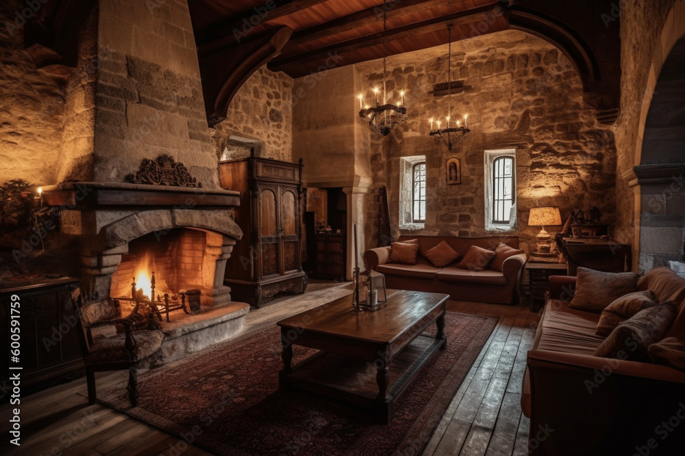 Cozy fireplace in a room in a medieval gothic castle. Ai generated Cozy fireplace in a room in a medieval gothic castle. Ai generated