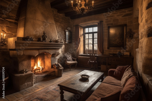 Cozy fireplace in a room in a medieval gothic castle. Ai generated