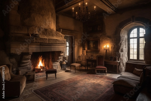 Cozy fireplace in a room in a medieval gothic castle. Ai generated