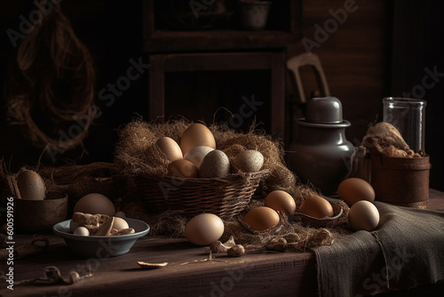 Raw eggs product photography arrangement with natural light. Ai generated photo