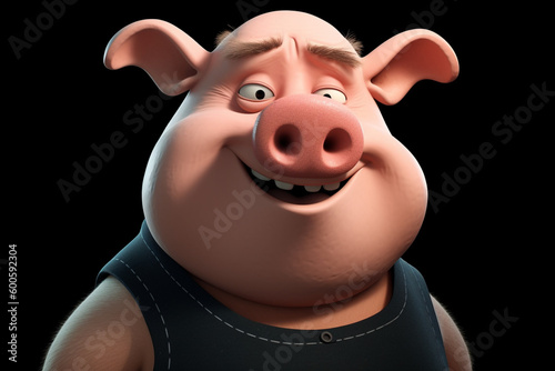 Funny cute little farm pig 3D cartoon character. Ai generated