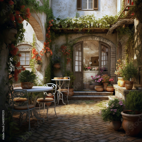 beautiful road between buildings with chairs and table on beautiful full of flowers, and stair on right © Majed
