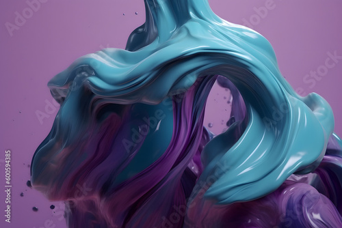 Abstract paint splash, teal and purple, blue-green and violet, pouring, splashing, swirling; created with generative AI