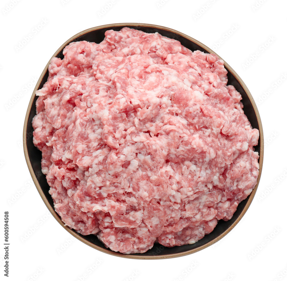 Bowl with raw fresh minced meat isolated on white, top view Bowl with raw fresh minced meat isolated on white, top view