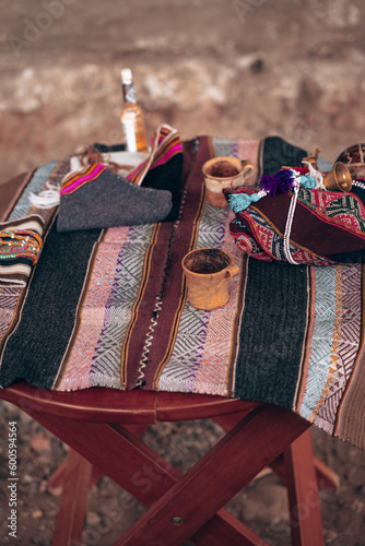 Tools and accessories of an Andean settler, making a payment to the land, Peruvian traditions, Cusco
