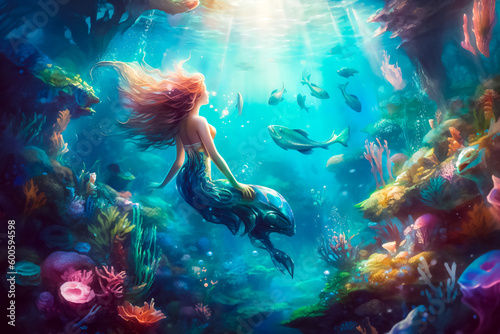 mermaid with coral reef in the sea