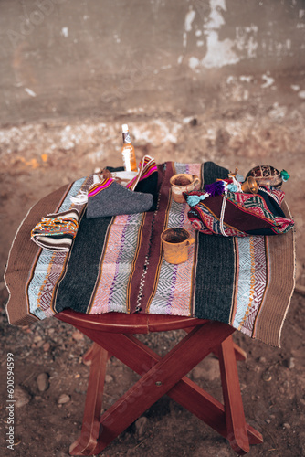 Tools and accessories of an Andean settler, making a payment to the land, Peruvian traditions, Cusco photo