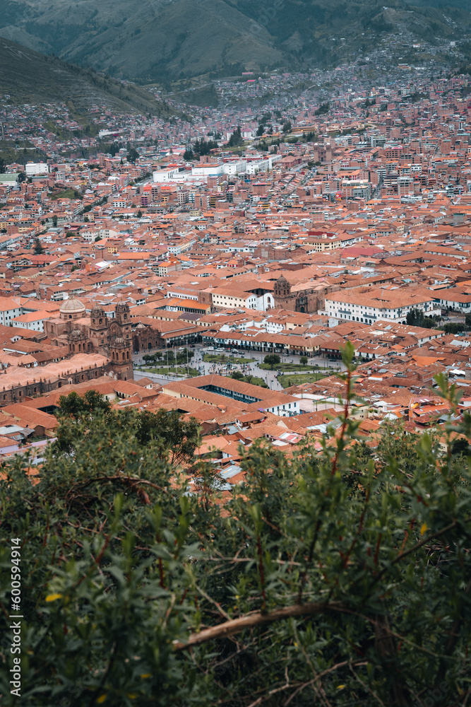 Panoramic view of the entire Imperial City of Cuzco, the navel of the world, traditional orange roofs