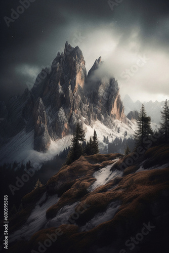 Gloomy mountain peaks with foggy dark sky, ai-generated artwork