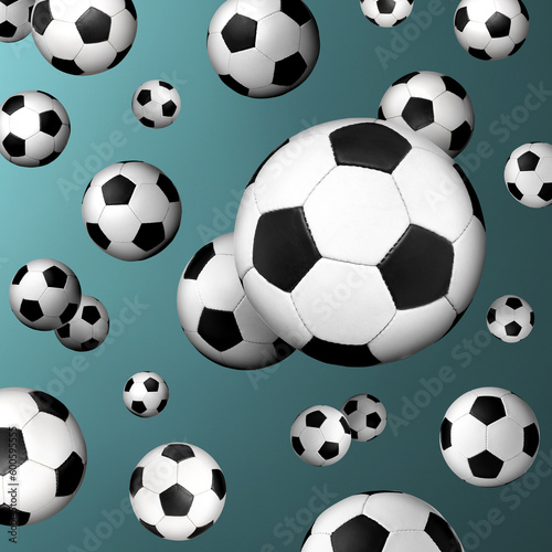 Many soccer balls falling on teal gradient background