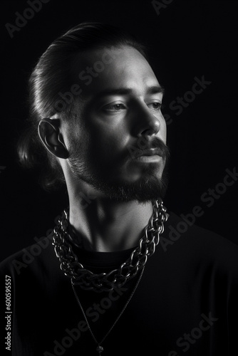 Man with necklace to pose in black and white, ai-generated artwork