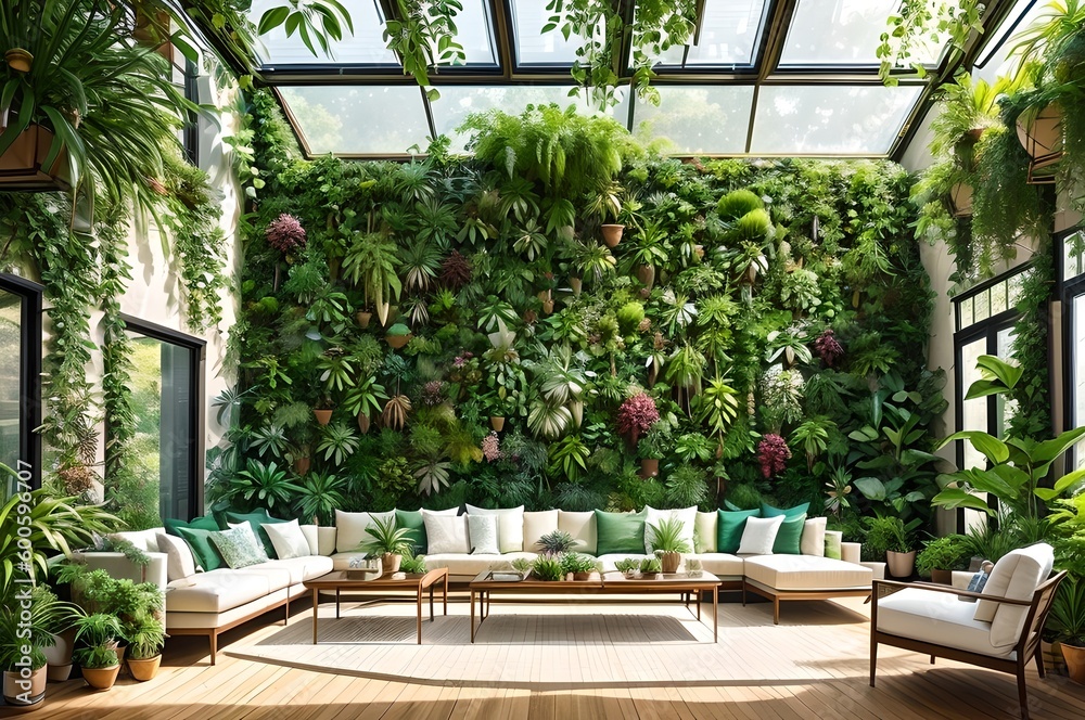 Interior with many lush green plants, generative ai illustration