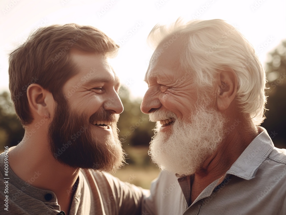 Elderly father and adult son spend time together outdoors, generative ai Elderly father and adult son spend time together outdoors, generative ai