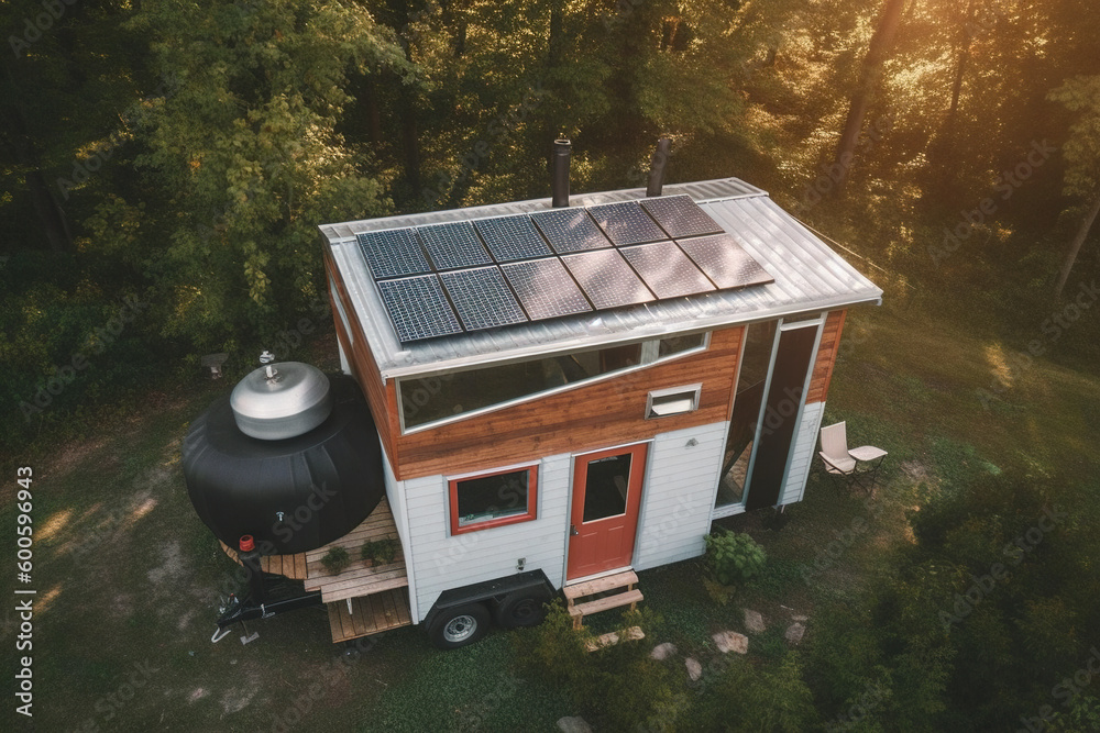 A tiny house with solar panels on the roof. Generative AI. - obrazy, fototapety, plakaty 
