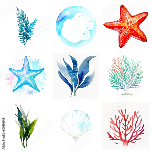 Hand drawn watercolor sea themed elements set. Illustration generative ai isolated on white background. Watercolor sea coral, seashells and starfish clipart collection.