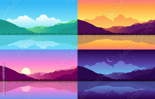4 different times of vector landscapes. Set of mountain landscape flat illustrations. morning, evening, afternoon, and night.