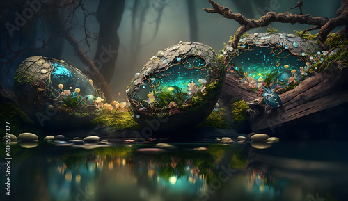 Fantasy background illustration of a magical fantasy egg hunt in the springtime.