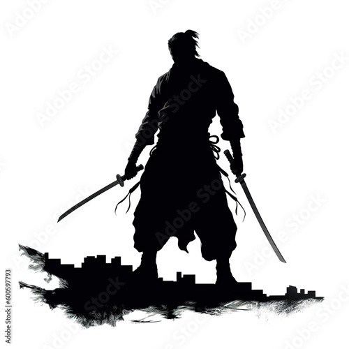 A silhouette of a samurai or ronin warrior holding two swords. Generative AI. photo