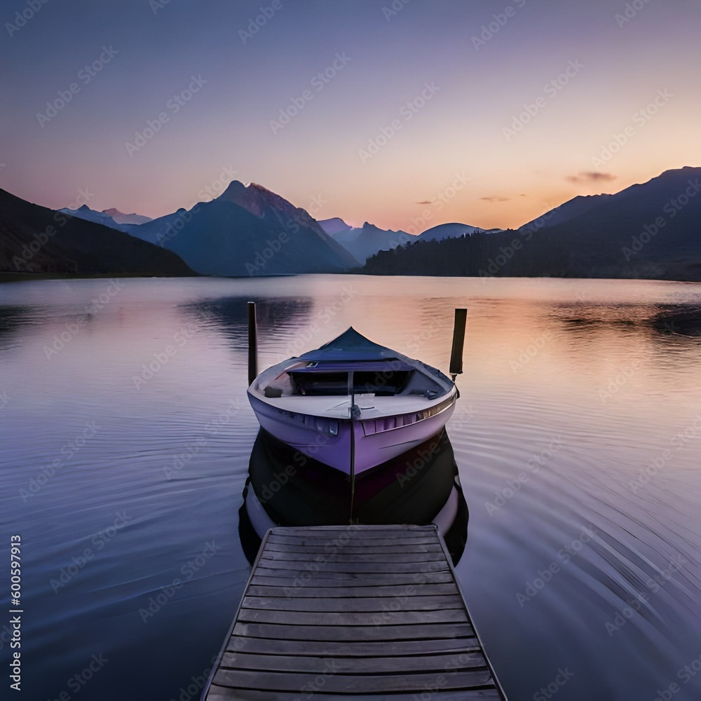 Sunset over a still lake with an empty boat floating across.