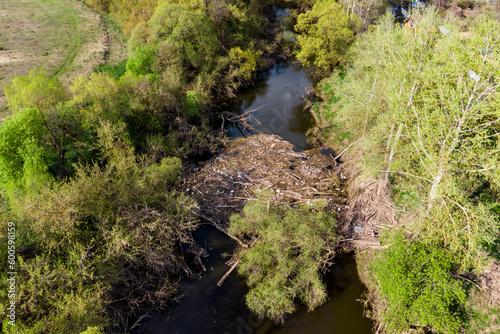 Aerial view of a floating pile of twigs and plastic trash in a river