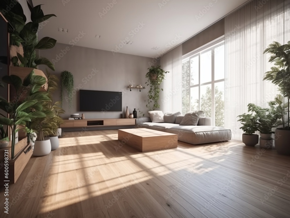 Fototapeta premium Spacious moderl living room interior, generative ai image