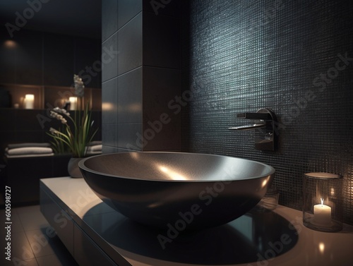 Dark vessel sink in modern bathroom  generative ai