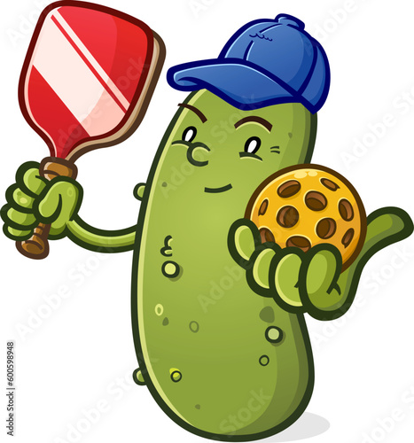 A pickleball mascot wearing a blue baseball cap and ready to serve up a rousing game of pickleball vector illustration