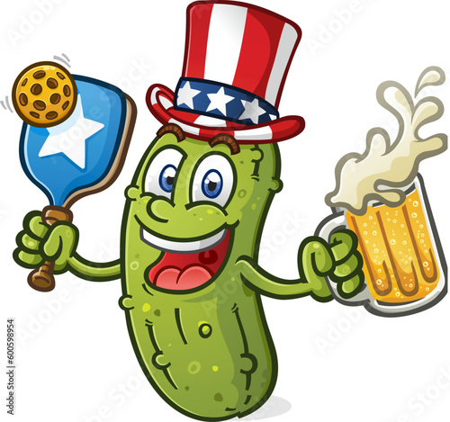 A patriotic pickleball mascot drinking a big mug of beer and wearing an uncle sam hat ready to serve up some all american action vector illustration